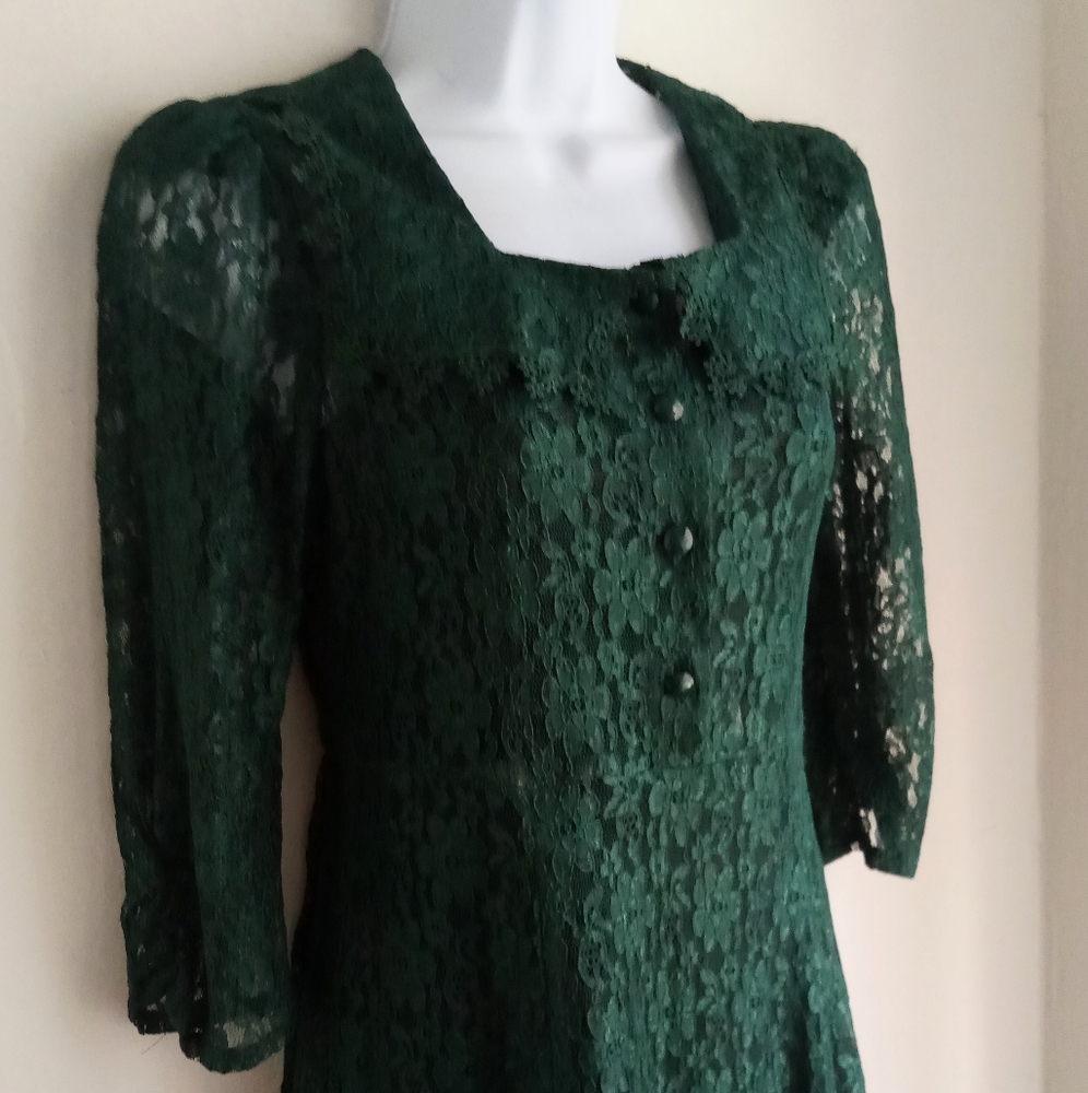 Vintage Hunter to Emerald Green Lace Dress S
